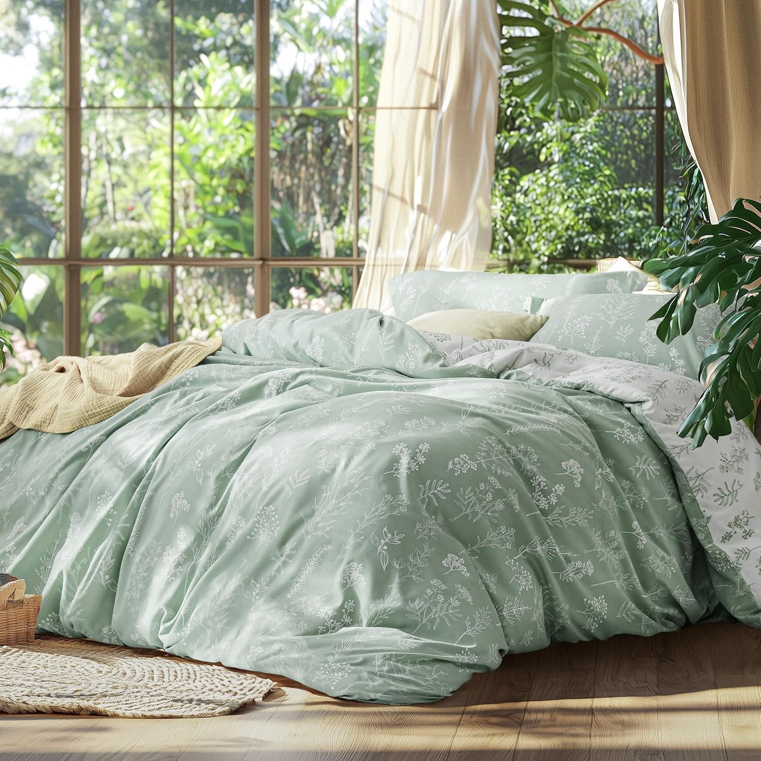 2 Pcs Floral Printed Reversible Sage Green Comforter Set Twin/Twin XL Size Soft Designed Plants Pattern Bedding Set - Bedsure