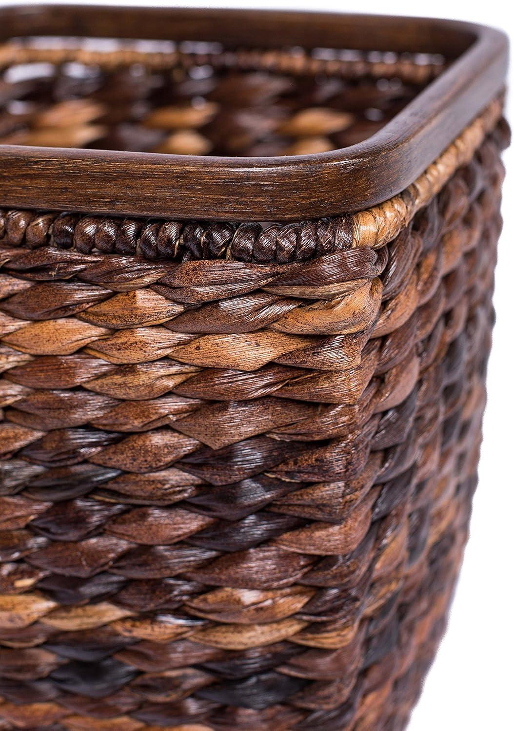 Espresso Seagrass Woven Office Wastebasket with Wooden Base