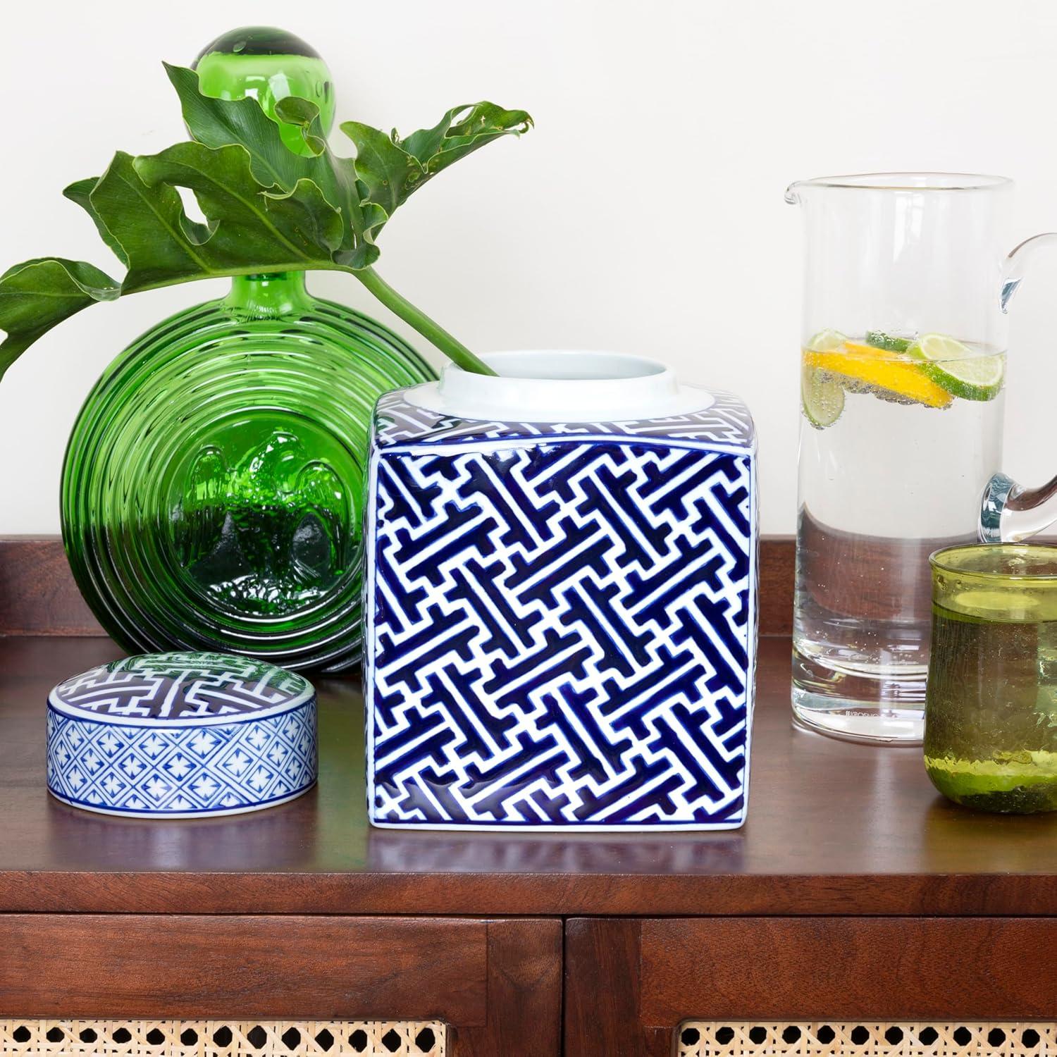 Blue and White Ceramic Ginger Jar with Lid