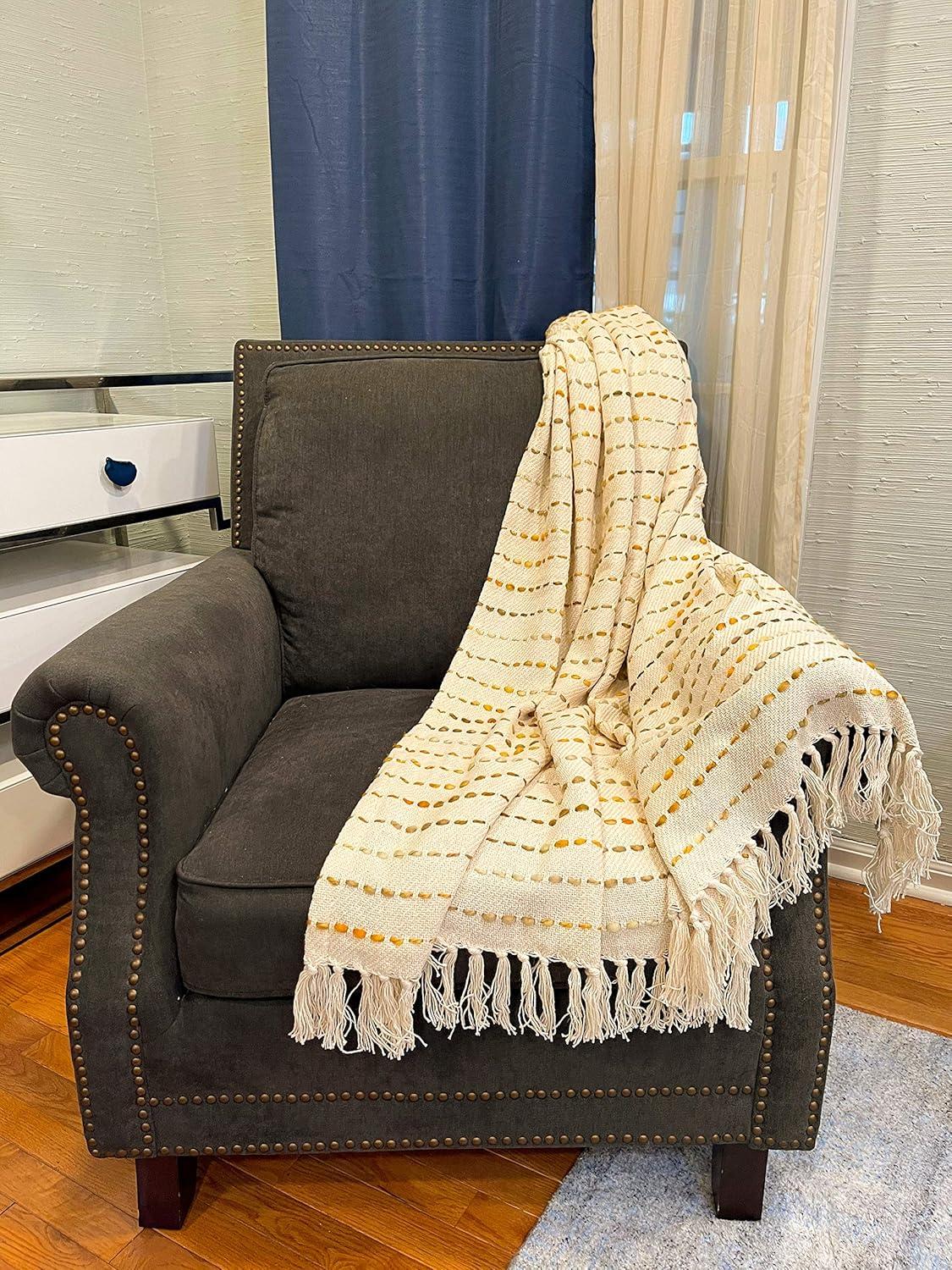 Elegant Boho Striped Cotton Throw Blanket with Fringe 50" x 60"