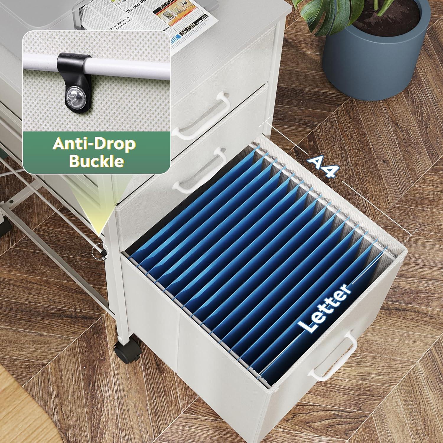 White Fabric and Steel Mobile File Cabinet with 3 Drawers