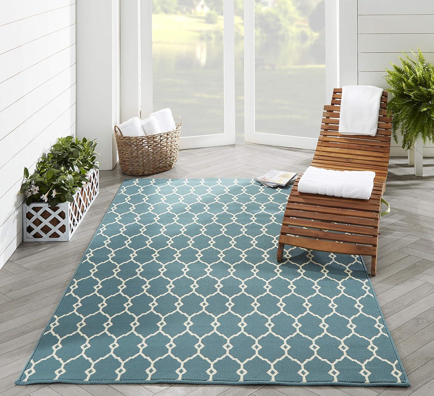 Blue Trellis 6'7" x 9'6" Rectangular Synthetic Easy-Care Rug