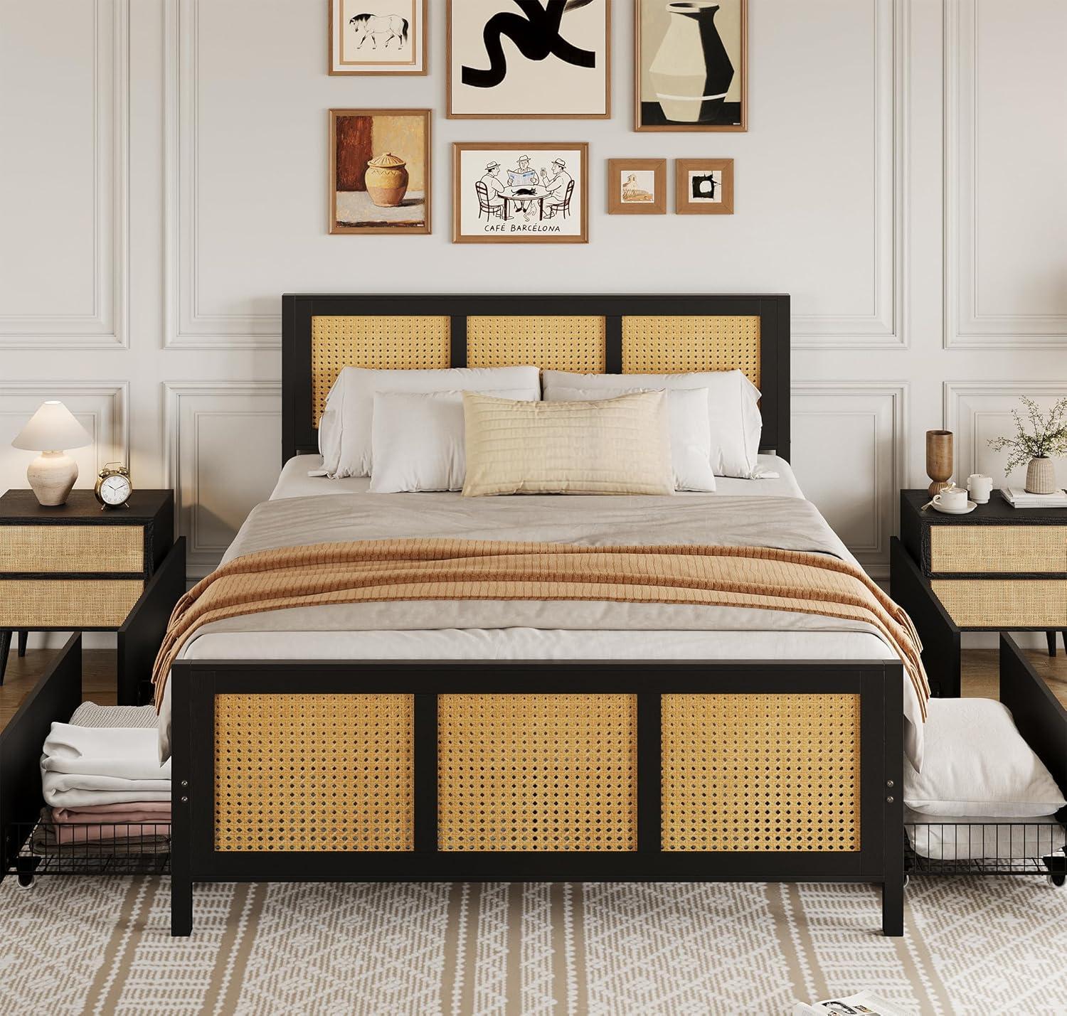 Garvee Rattan Bed Frame with Headboard, Full Bed Frame with Strong Metal Slats Support, Noise-Free Design, No Box Spring Needed, Black