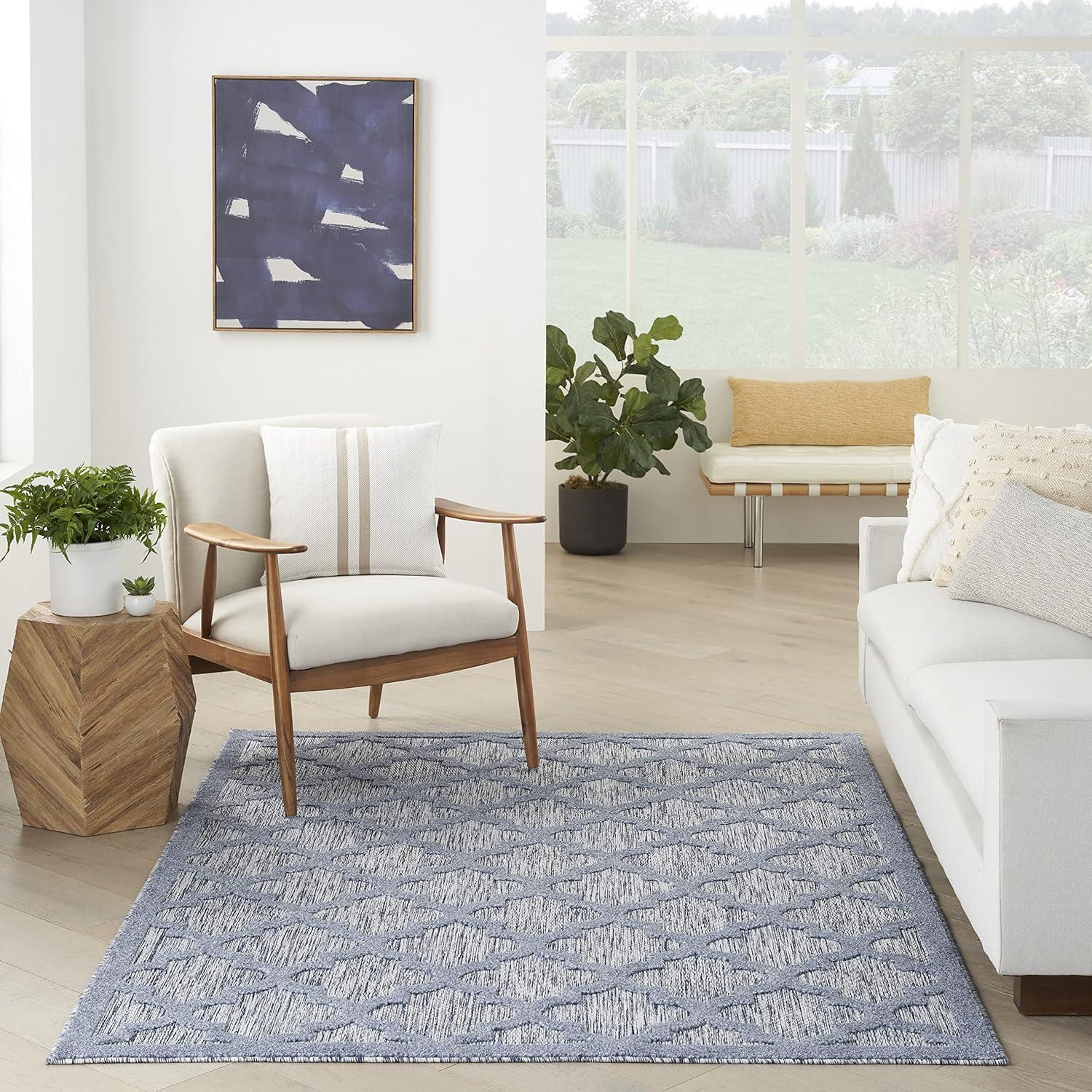 Nourison Easy Care Trellis Flatweave Indoor Outdoor Area Rug 6' x 9' Denim Blue