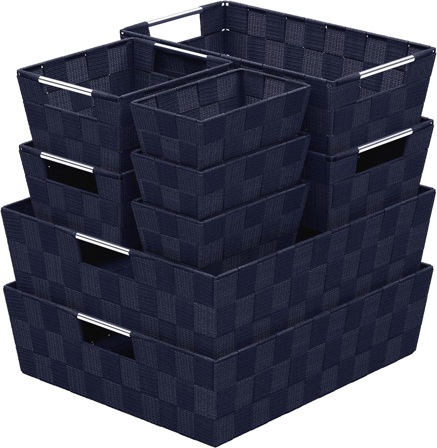 Navy Woven Nylon Storage Baskets with Metal Handles, Set of 9