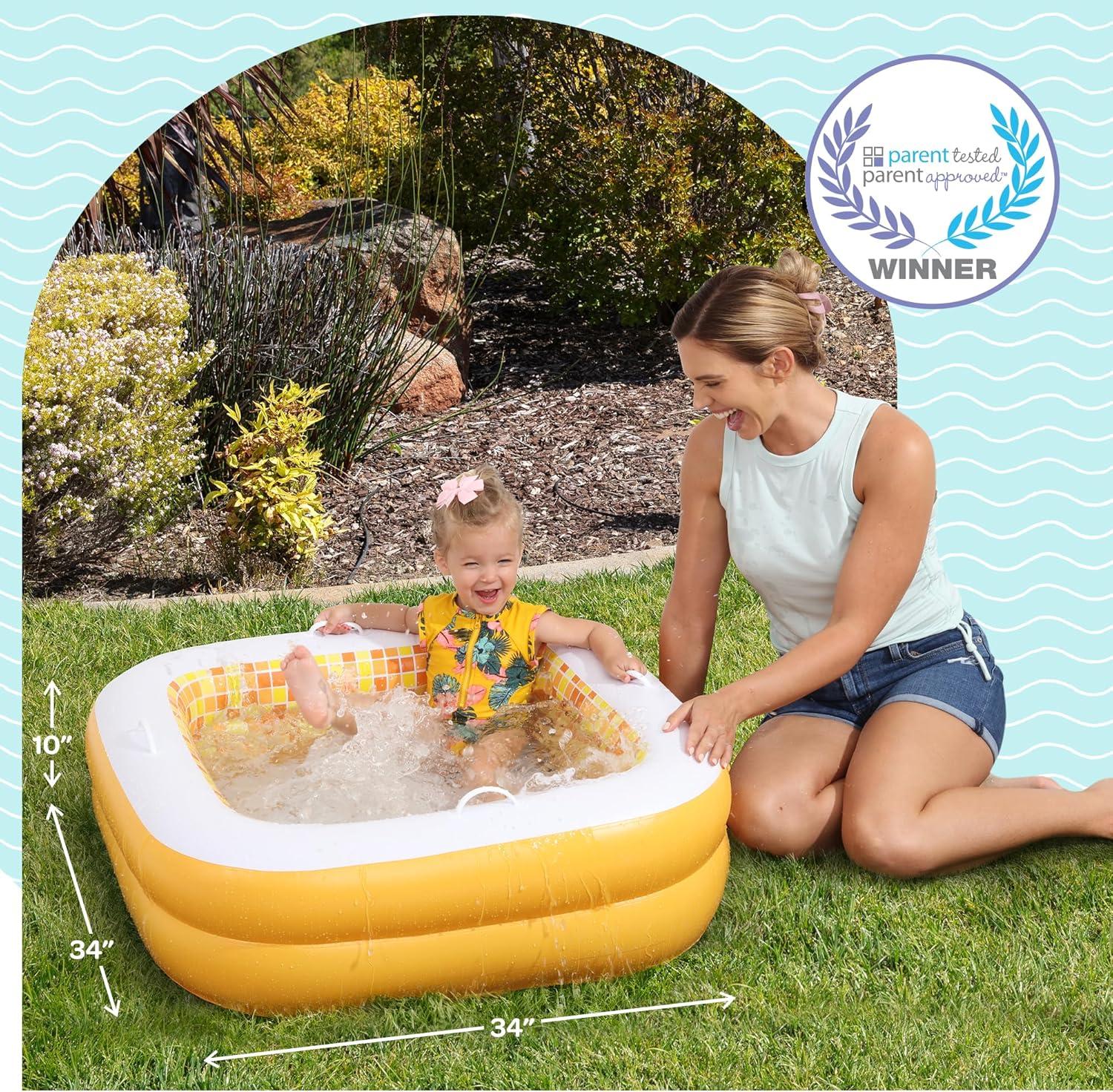 Baby Pool with Grip Handles, Padded Floor, Drain; Bathtub & Ball Pit for Toddlers, 34" Orange Burst