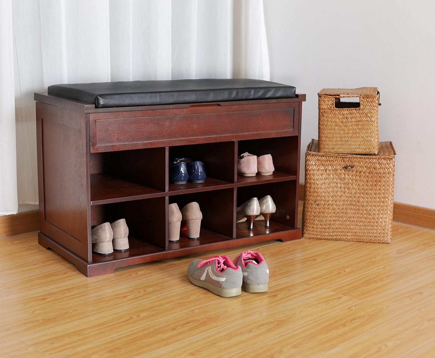 Mahogany Shoe Storage Bench with Black Cushion and Cubbies