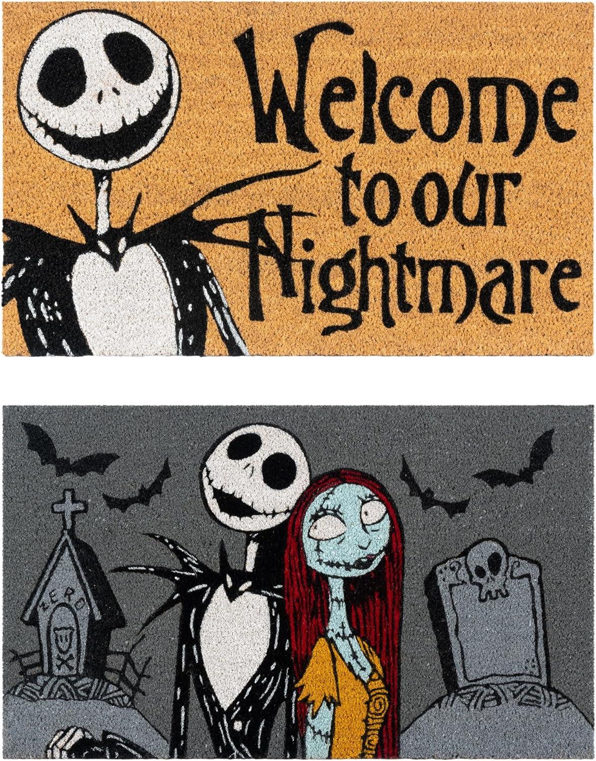 Disney Nightmare Before Christmas Jack Sally Welcome Black White Natural Graphic Non-Slip Indoor/ Outdoor Coir Door Mat 2-Pack, 20x34 (Set of 2)