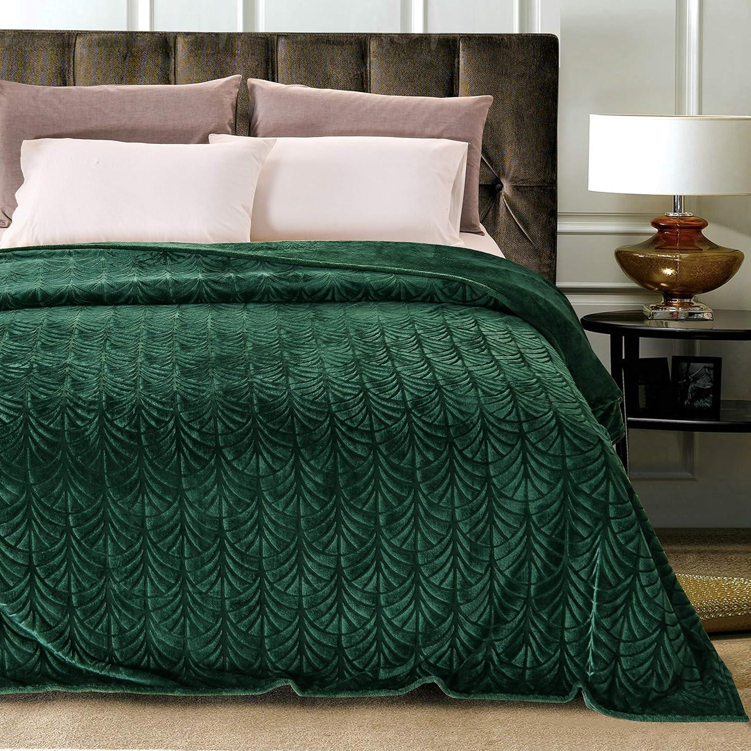 Whale Flotilla Flannel Fleece Queen Size(90x90 Inch) Lightweight Bed Blanket, Soft Velvet Bedspread Plush Fluffy Coverlet Palm Leaf Design Decorative Blanket for All Seasons, Dark Green…