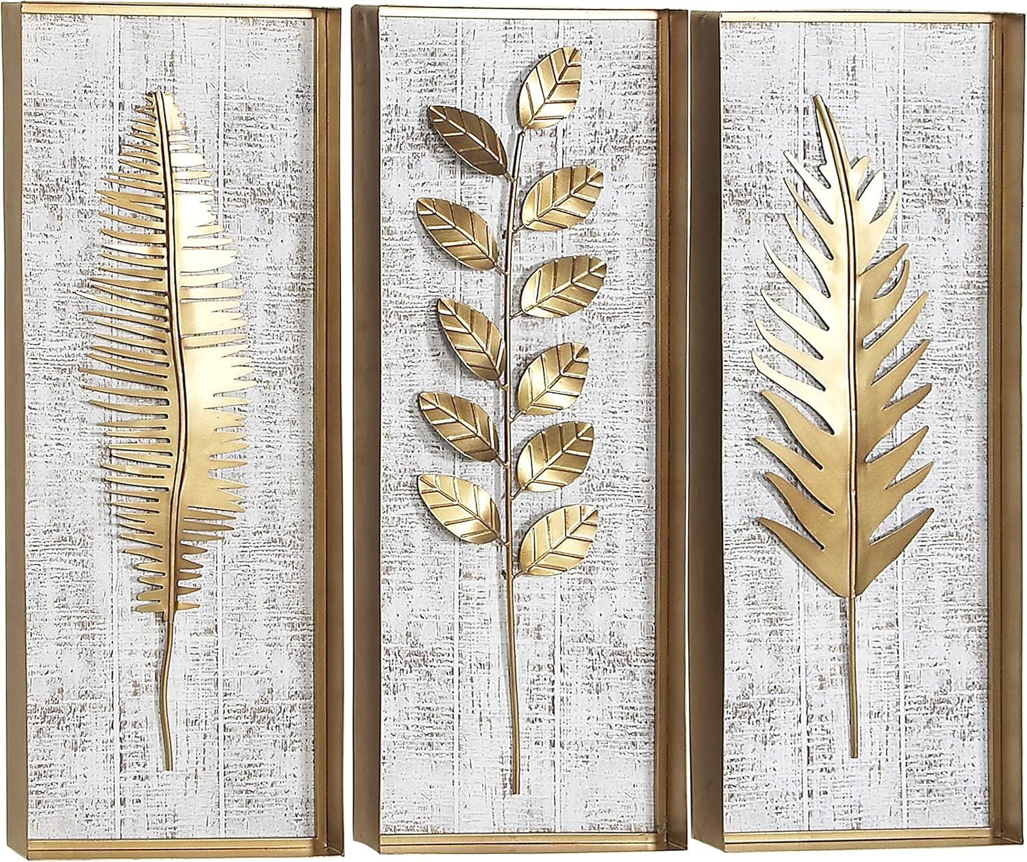 Gold and White Rectangular 3D Leaf Wall Sculpture Set