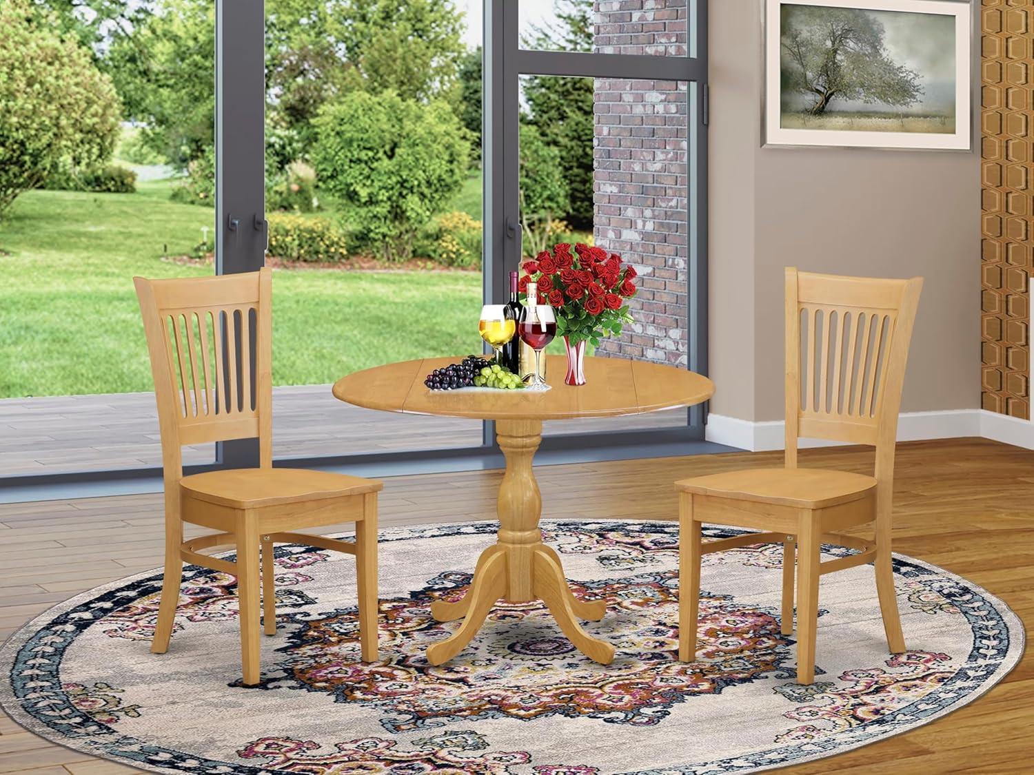 Oak Finish Round Dining Table with 2 Slatted Back Chairs