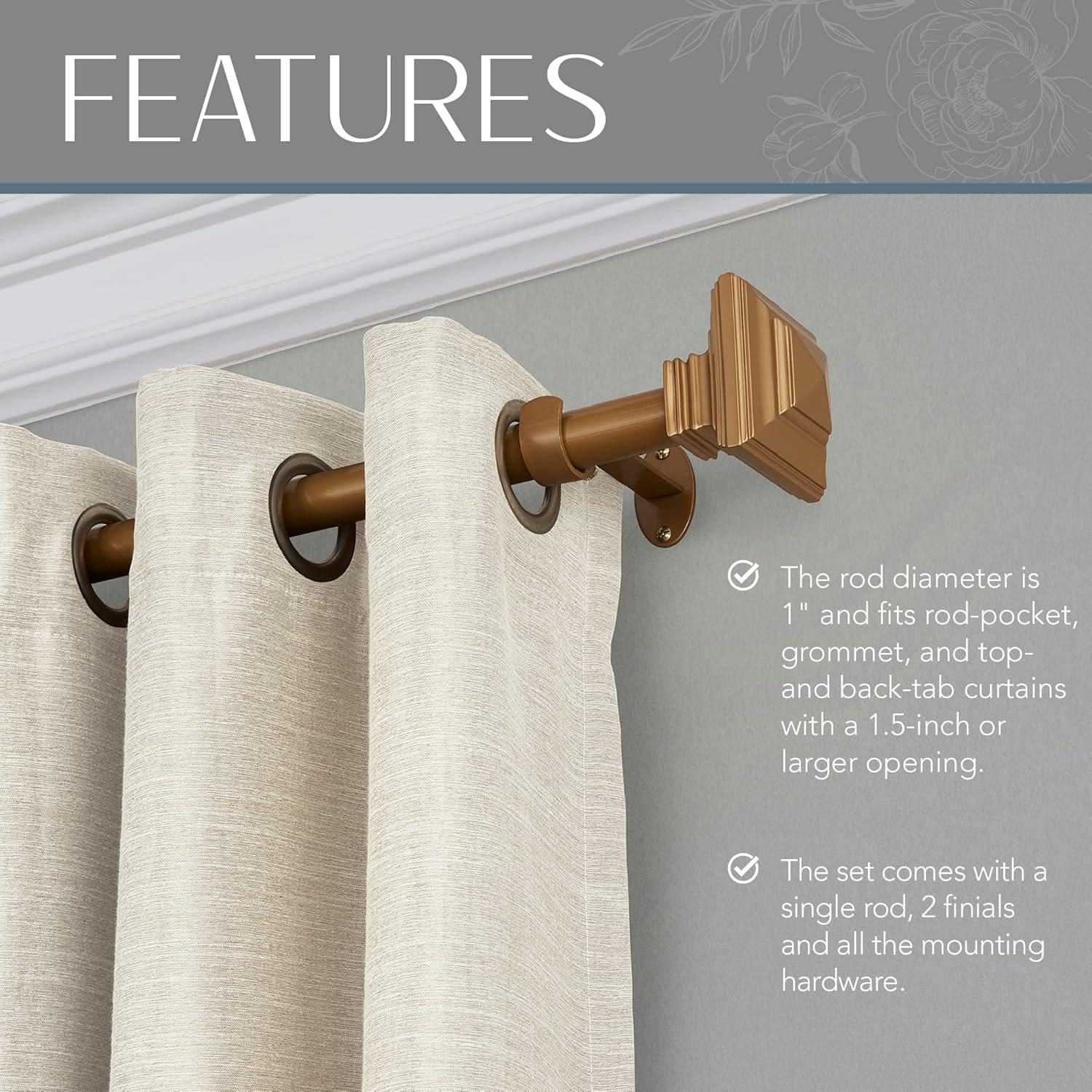 Florence 1" Window Drapery Single Curtain Rod with Stacked Square Finial - 28"-48" - Soft Gold - Elrene Home Fashions