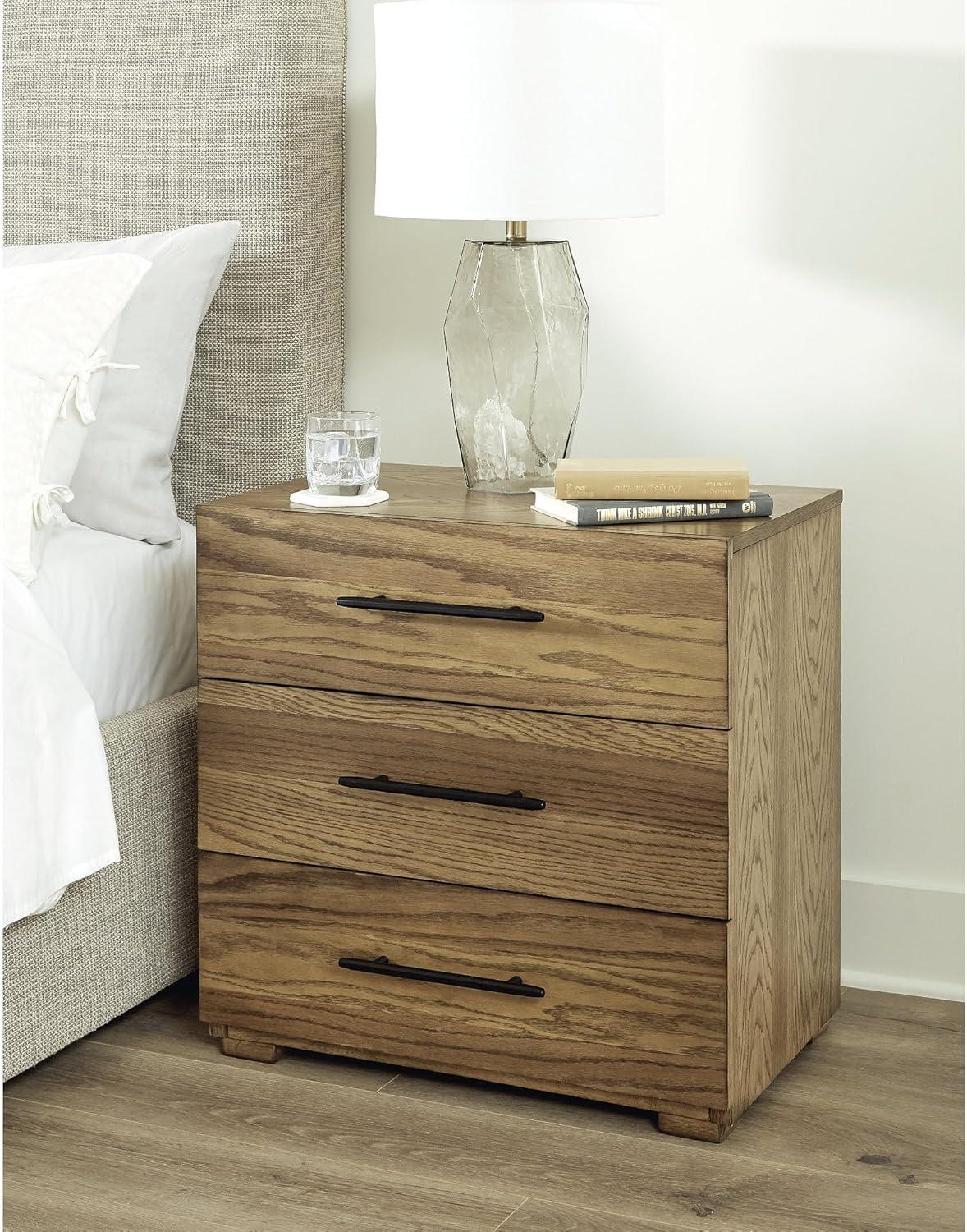 Brown Oak Veneer 3-Drawer Nightstand with Black Iron Pulls