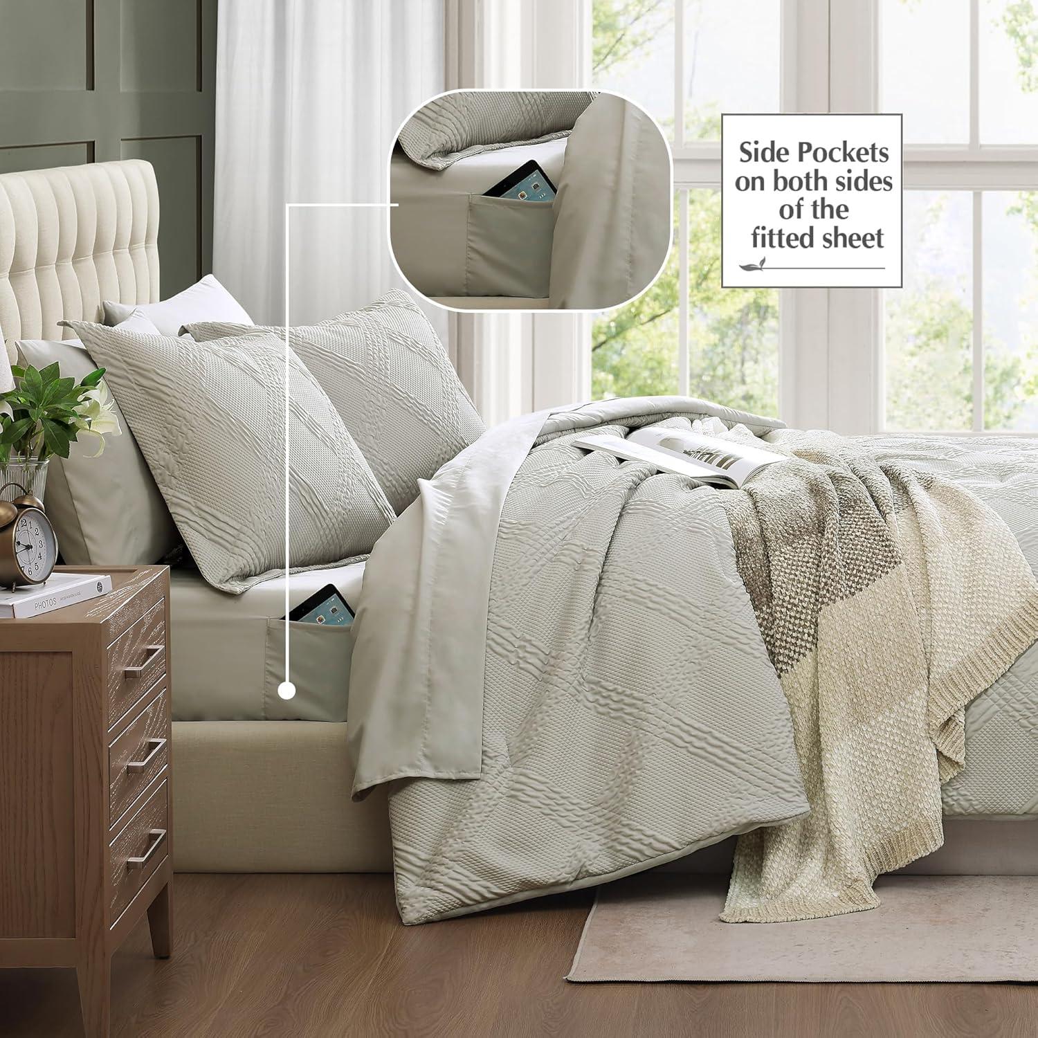 Geniospin Queen Comforter Set, Bed in A Bag 7-Pieces, Light Grey Textured All Season Comfortable Bedding Sets with Comforter, Sheets, Pillowcases & Shams (Light Grey, 90"x90")