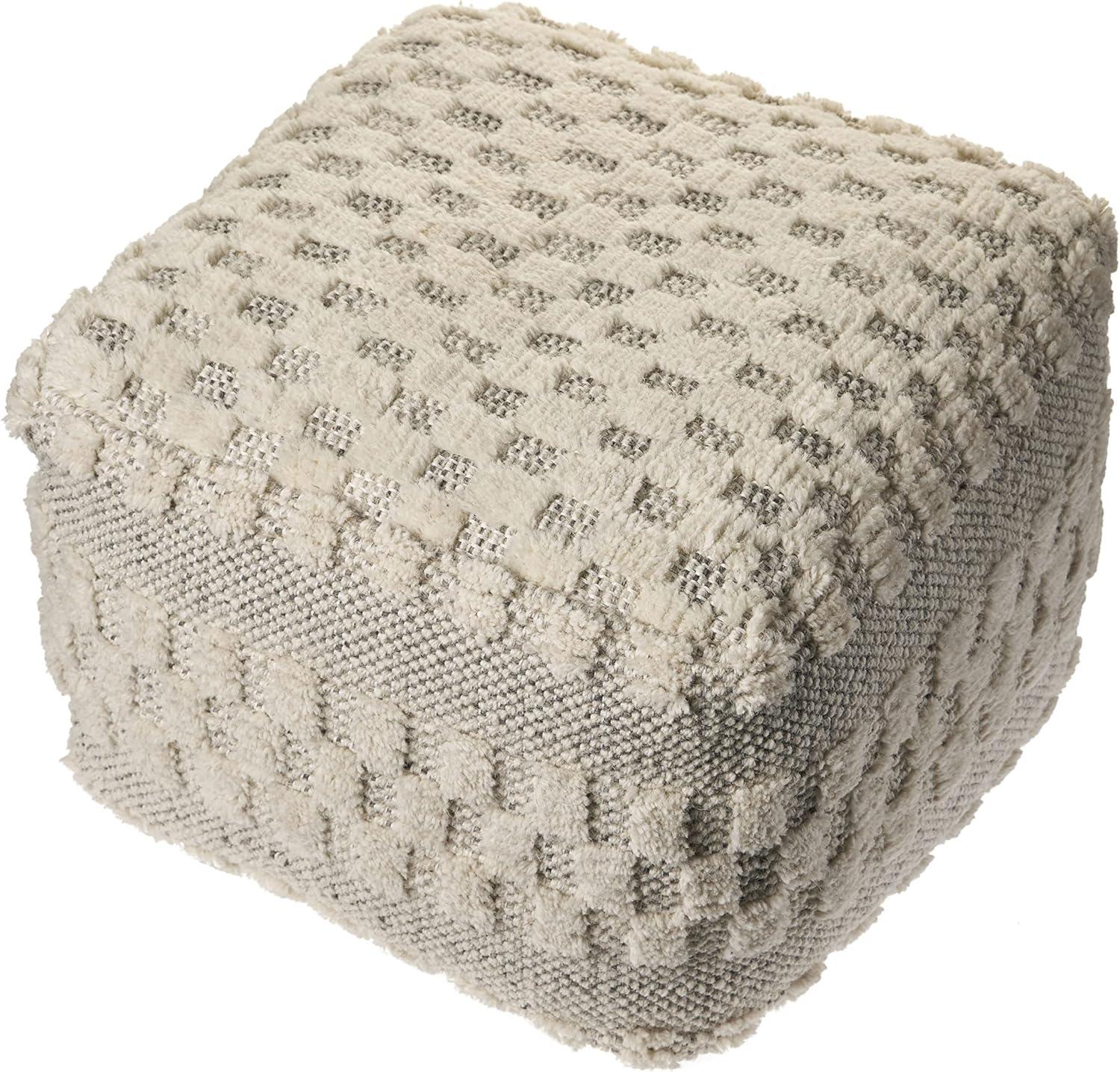 LR Home Small Over-tufted Geometric Indoor Square Pouf, Cream, 18" x 18" x 14"