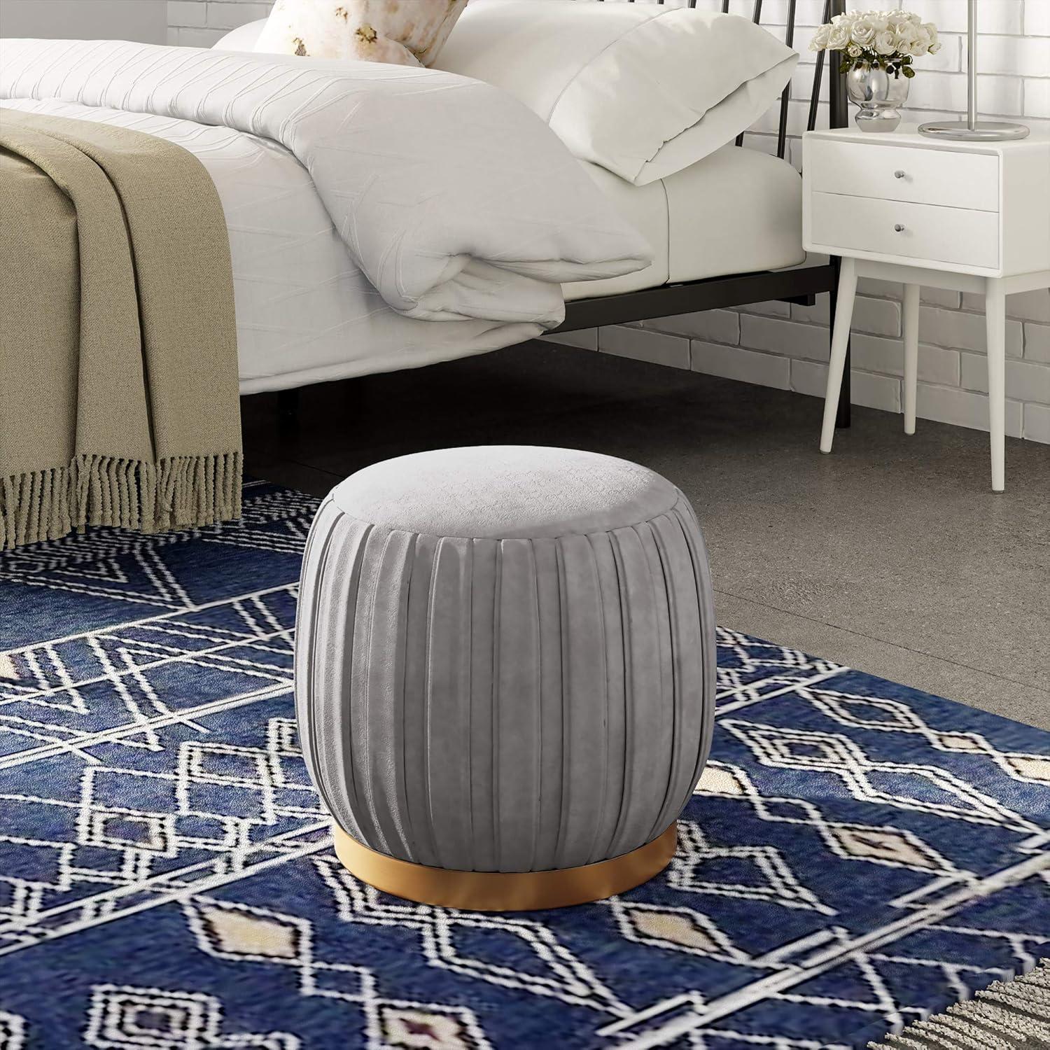 Gray Velvet Tufted Round Pouf with Gold Base