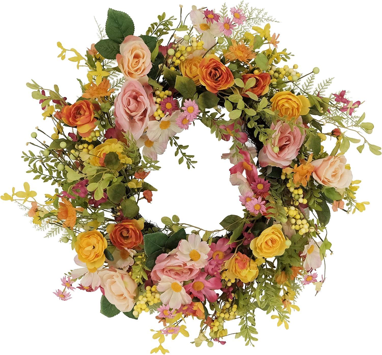 24" Vibrant Artificial Rose and Daisy Floral Spring Wreath