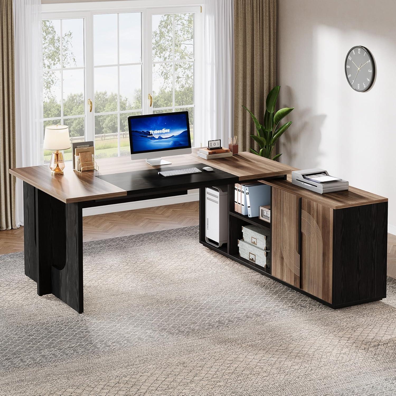 Tribesigns 74.8 Inch Executive Desk, Large Office Desk with Cabinet, L Shaped Computer Table with Shelves and CPU Storage, Modern Home Office Desks Business Furniture Workstation Set
