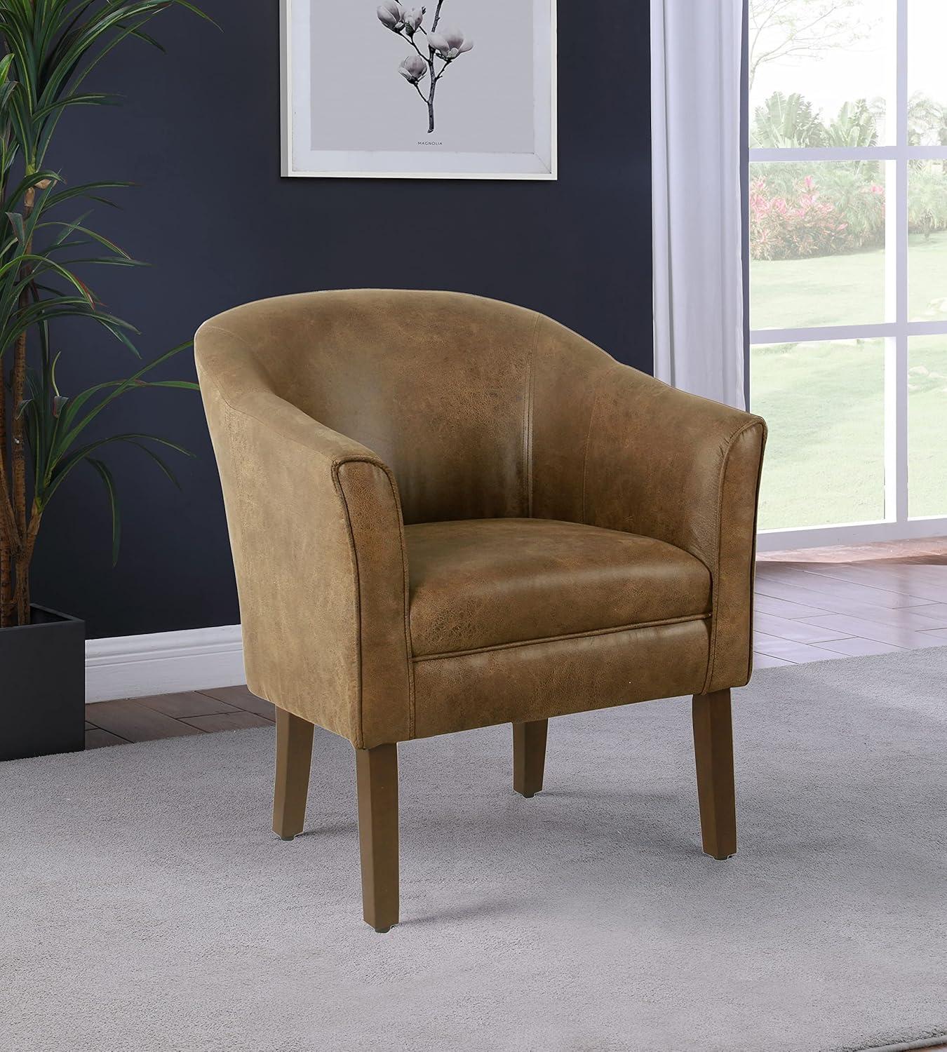 Modern Barrel Accent Chair Brown Faux Leather - HomePop: Upholstered Transitional Seating for Bedroom & Living Room