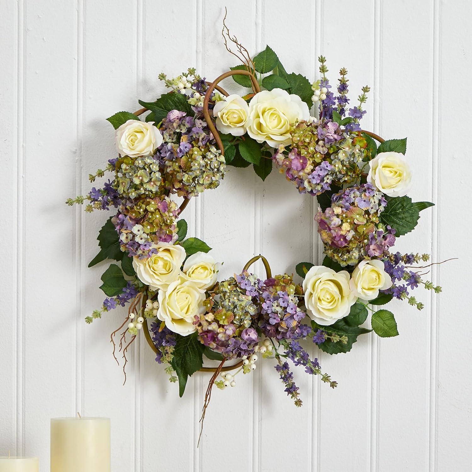 Nearly Natural 24-in Hydrangea Rose Wreath