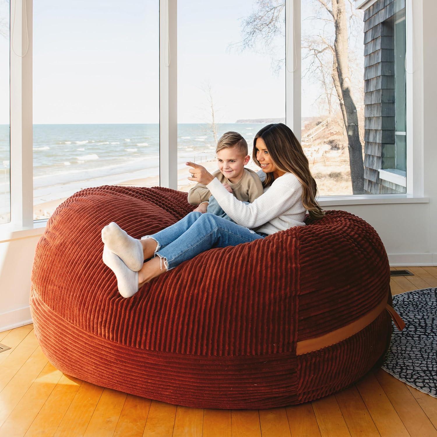 Big Joe Foam Filled Bean Bag Chair with Removable Cover, Corded Plush, Vegan Leather Accents, Medium to XXL Size