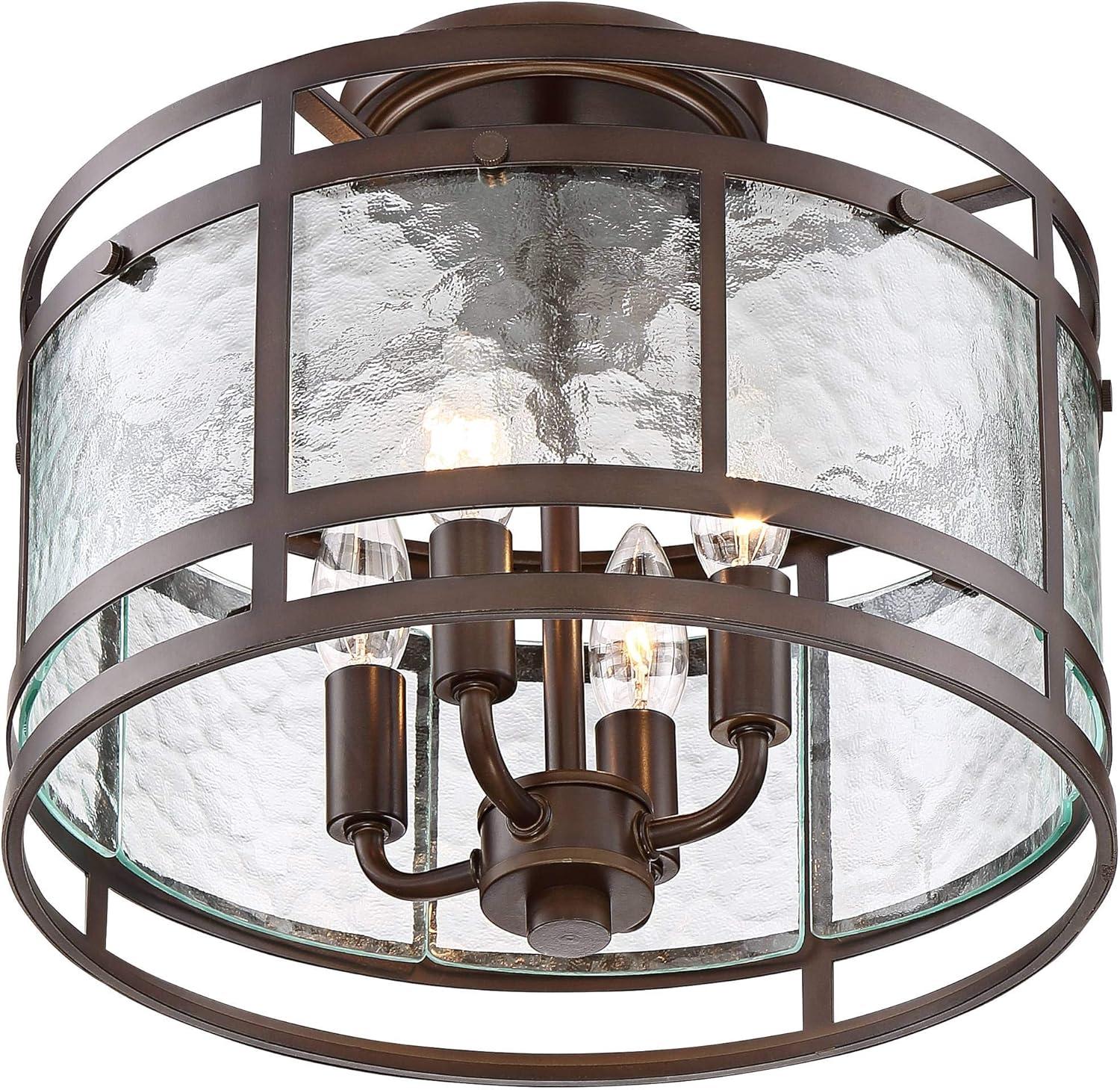 Franklin Iron Works Elwood Modern Ceiling Light Semi Flush Mount Fixture 13 1/4" Wide Oil Rubbed Bronze 4-Light Water Glass Drum Shade for Bedroom