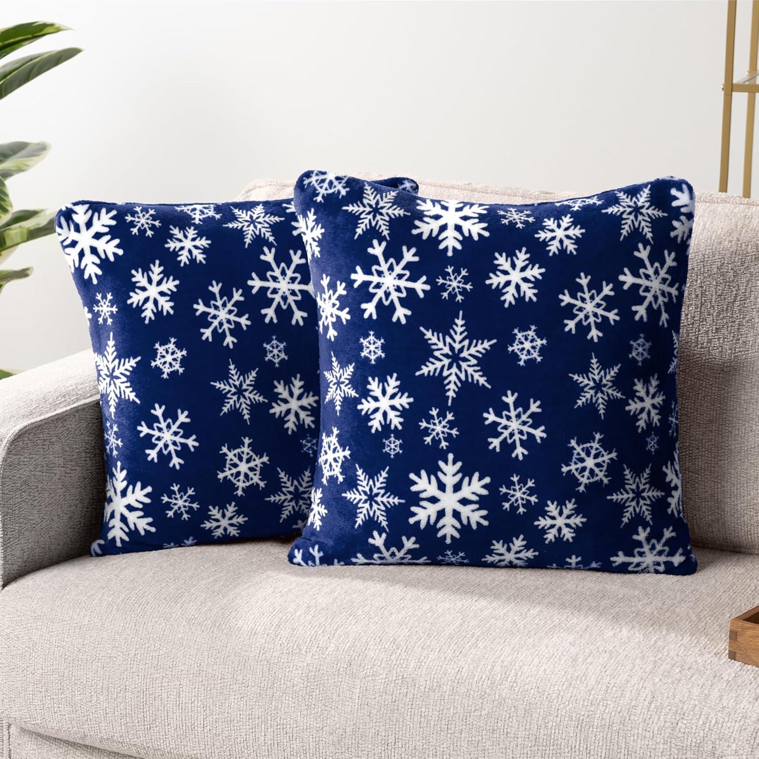 PAVILIA Set of 2 Throw Pillow Covers, Decorative Velvet Square Cushion Cases for Bed Sofa Couch Bedroom Living Room, Snowflake Blue/18 x 18