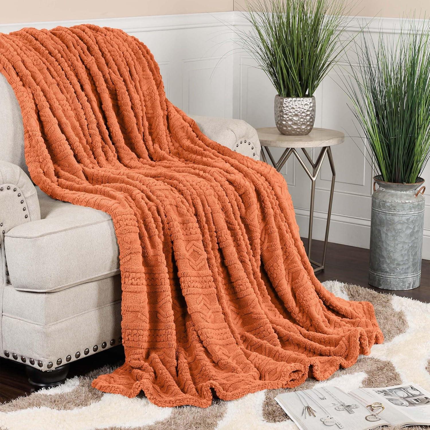 Superior Arctic Fleece Boho Knit Jacquard Blanket, Throw XL, Dusty Orange