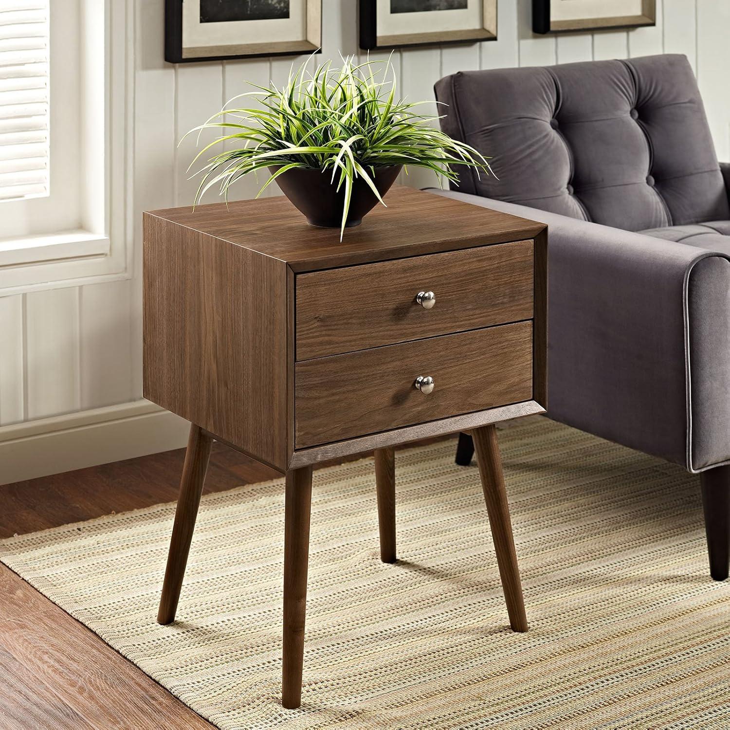 Walnut Mid-Century Modern 2-Drawer Nightstand with Metal Knob Handles