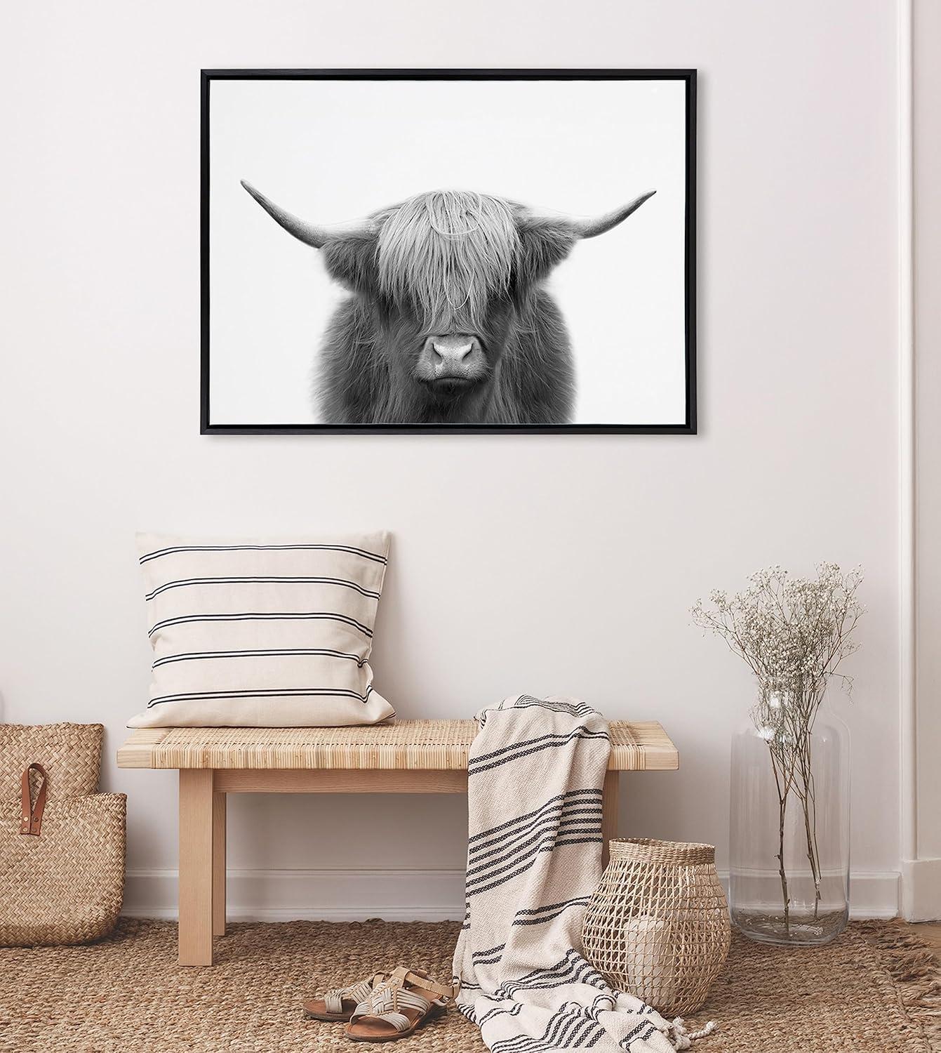 Kate and Laurel Sylvie Hey Dude Highland Cow BW Framed Canvas Wall Art by The Creative Bunch Studio, 28x38 Black, Decorative Farmhouse Animal Art for Wall