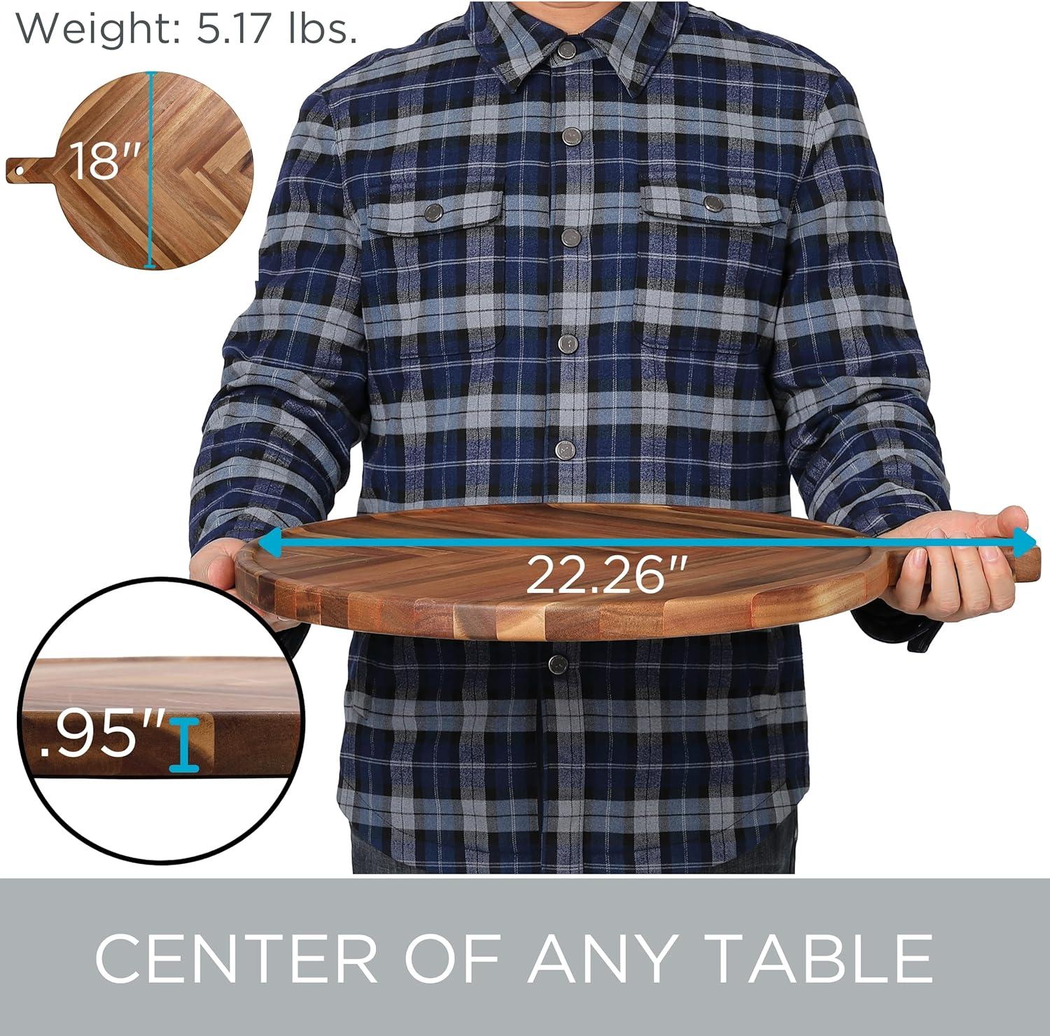 Large Round Acacia Wood Herringbone Serving Board with Handle