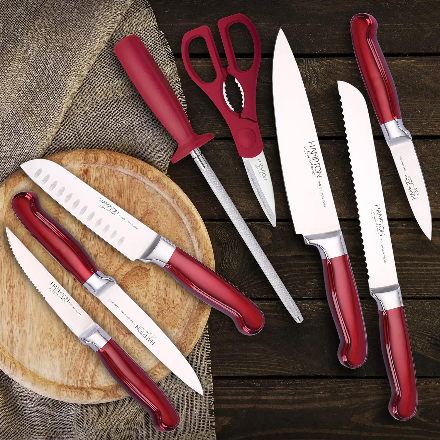 Rorik 14-Piece Red Stainless Steel Knife Block Set with Acacia Wood