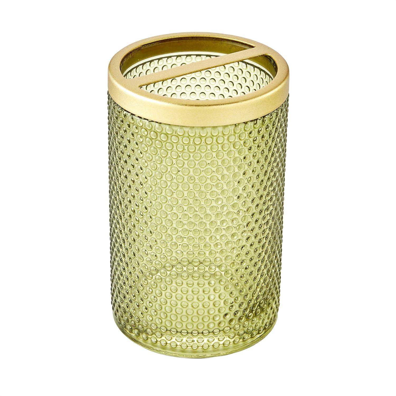 Sage Green Hobnail Glass Toothbrush Holder with Brushed Metal Trim