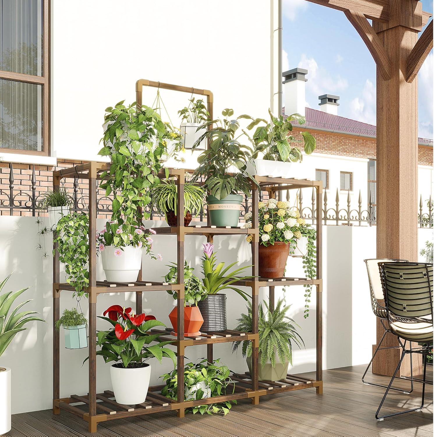 Brown Wood 5-Tier Plant Stand with Hanging Areas