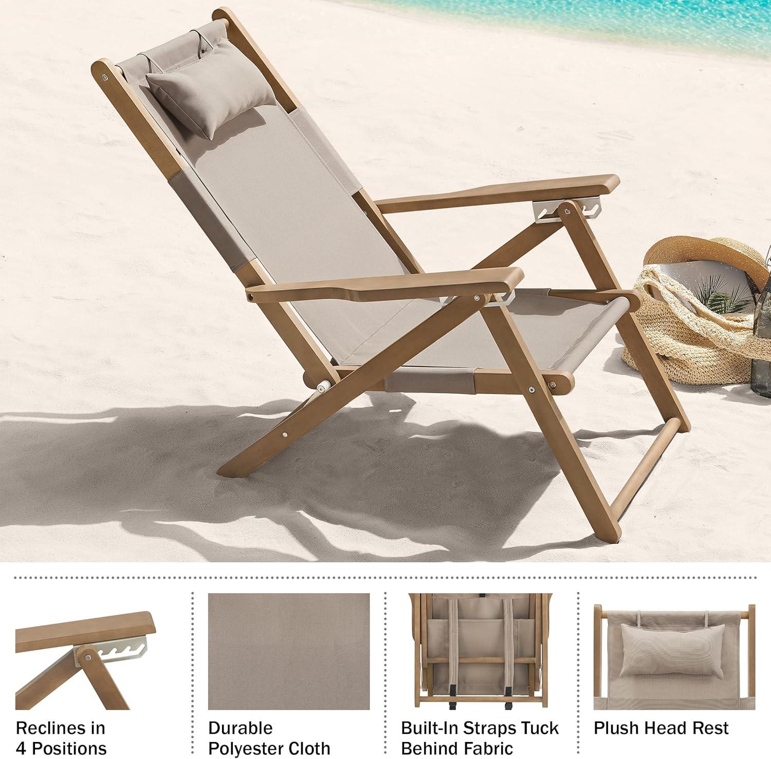 Beach Chair - Outdoor Weather-Resistant Wood Folding Chair with Backpack Straps - 4-Position Reclining Seat - Beach Essentials by Lavish Home (Taupe)