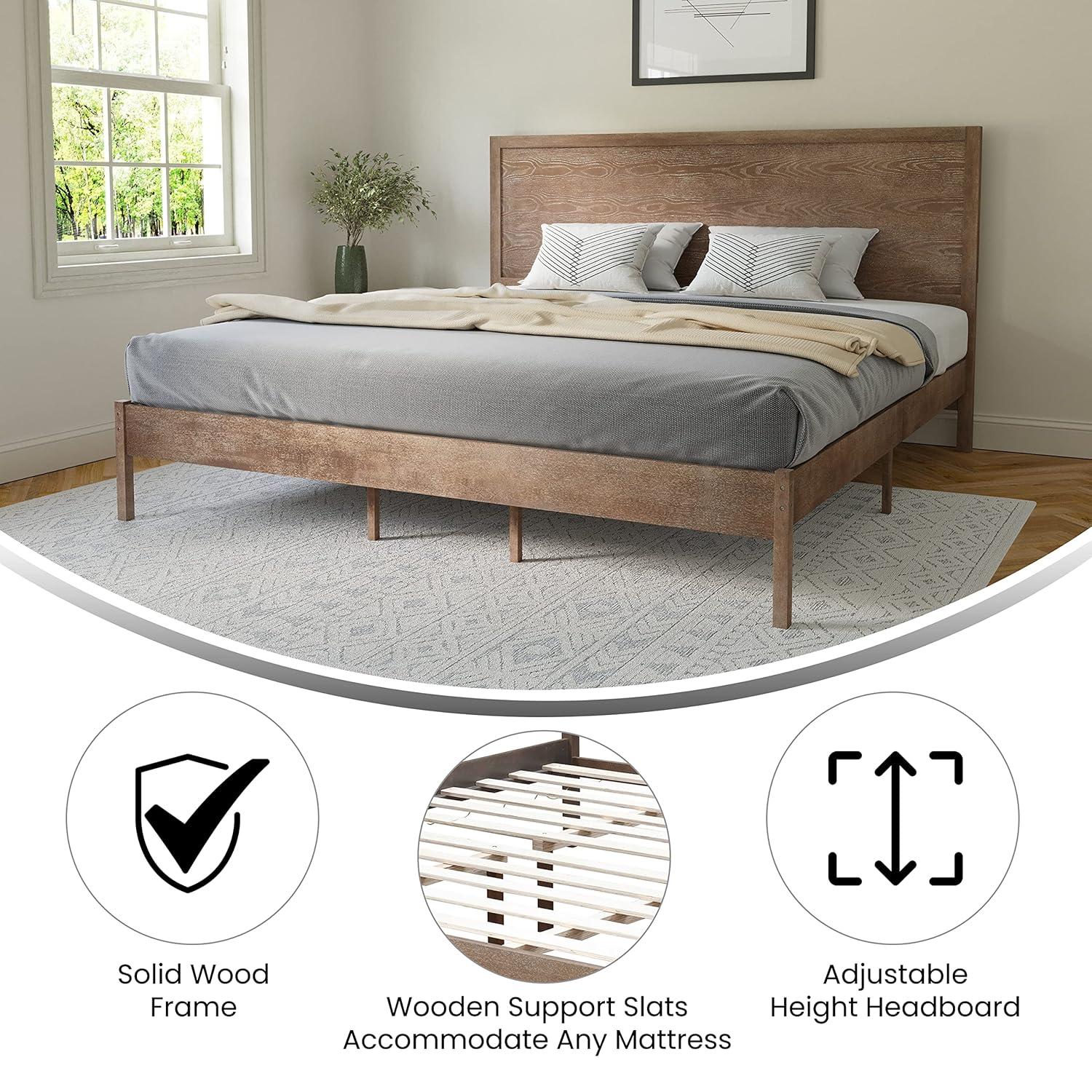 Flash Furniture Asher King Size Solid Wood Platform Bed with Wooden Slats and Headboard, No Box Spring Needed, Light Brown