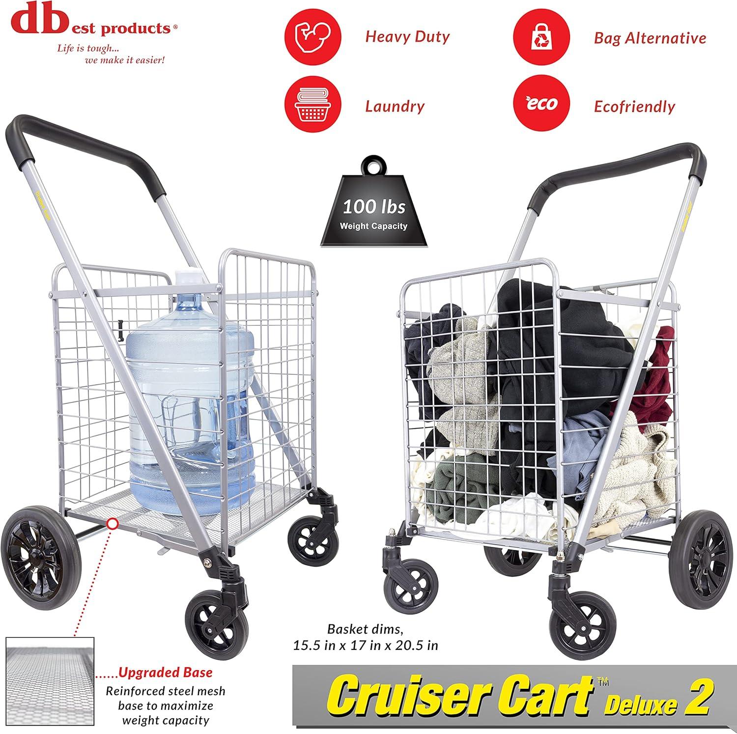 dbest products Cruiser Cart Deluxe 2 Shopping Grocery Rolling Folding Laundry Basket on Wheels Foldable Utility Trolley Compact Lightweight Collapsible, Silver