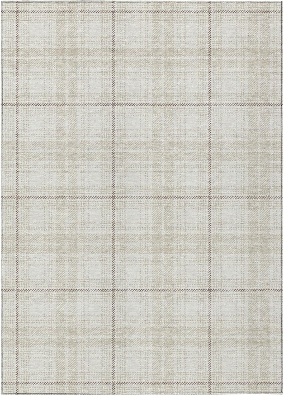 Ivory Plaid 5' x 7' Synthetic Flat Woven Washable Rug