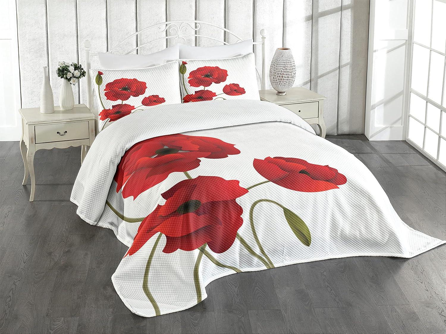 Ambesonne Ambesonne Floral Bedspread Set Flowers Petals and Buds Red Green