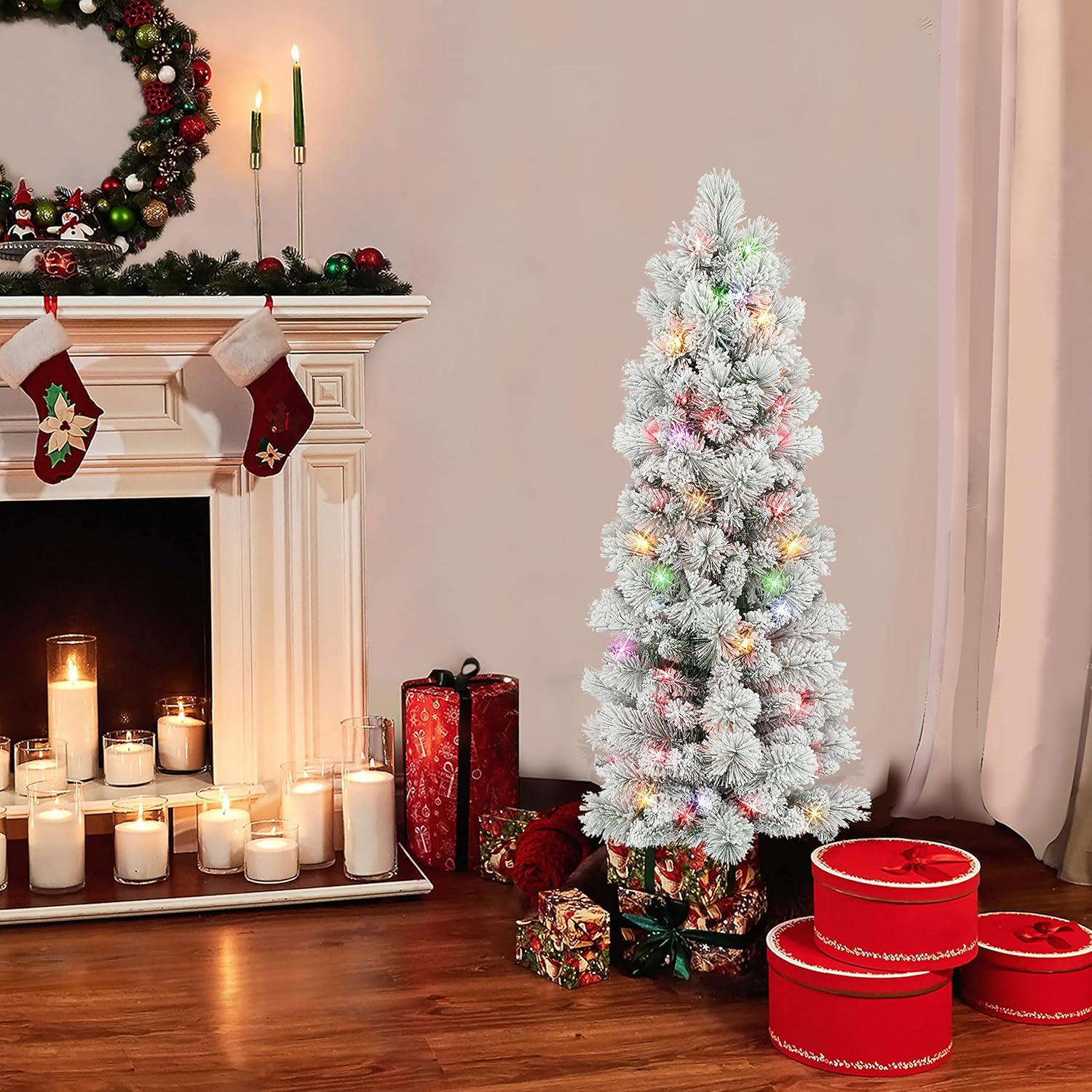 4.5 ft Flocked Portland Pine Pencil Tree with 195 tips 100 Multi-color Incandescent Lights
