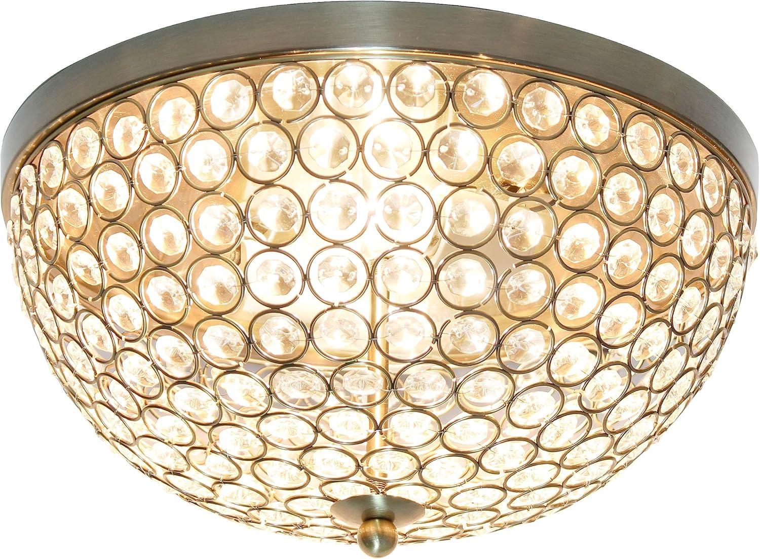 Elegant Designs Elipse Crystal 13" Modern Metal 2 Light Bowl Shaped Ceiling Flush Mount Fixture, Antique Brass