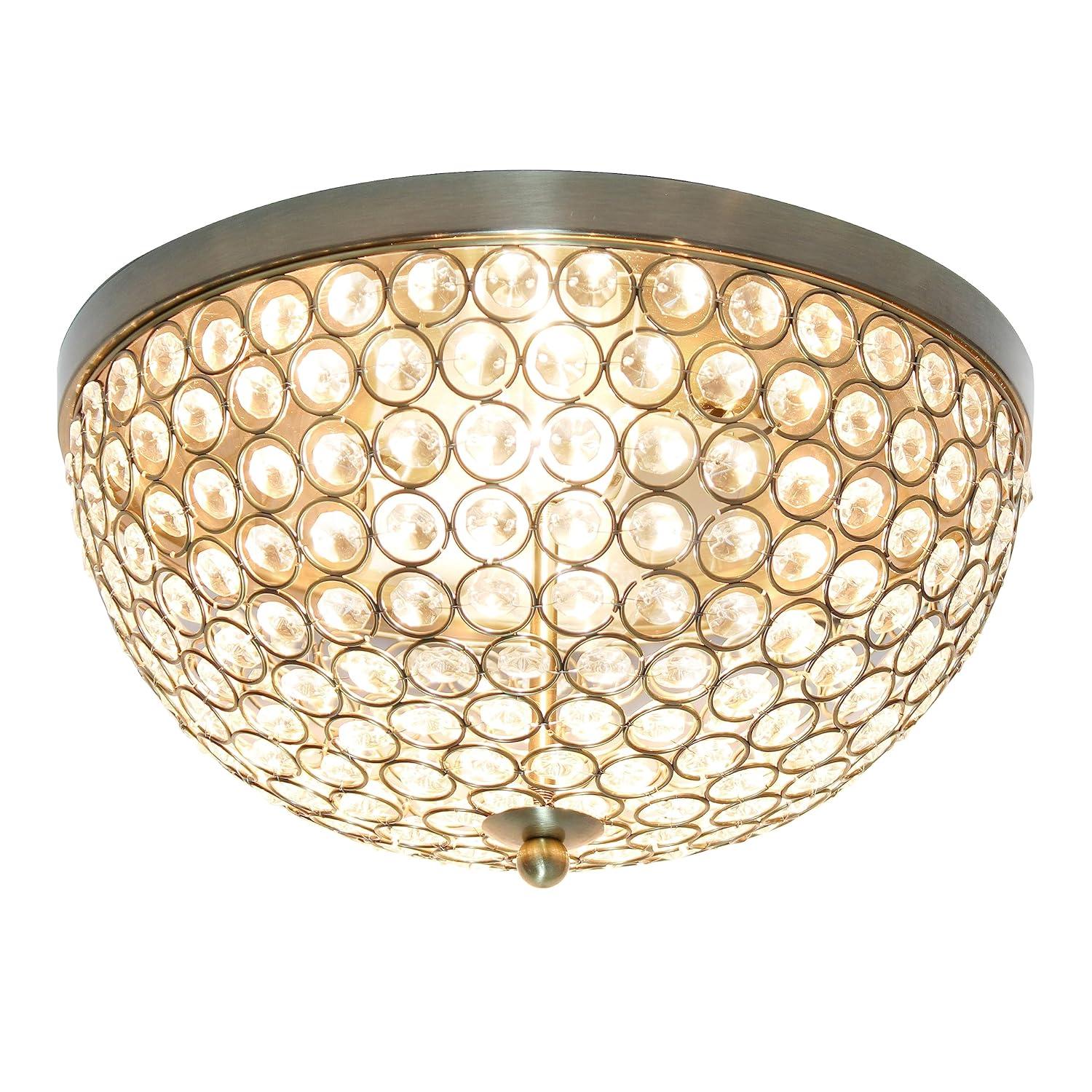 Elegant Designs Elipse Crystal 13" Modern Metal 2 Light Bowl Shaped Ceiling Flush Mount Fixture, Antique Brass