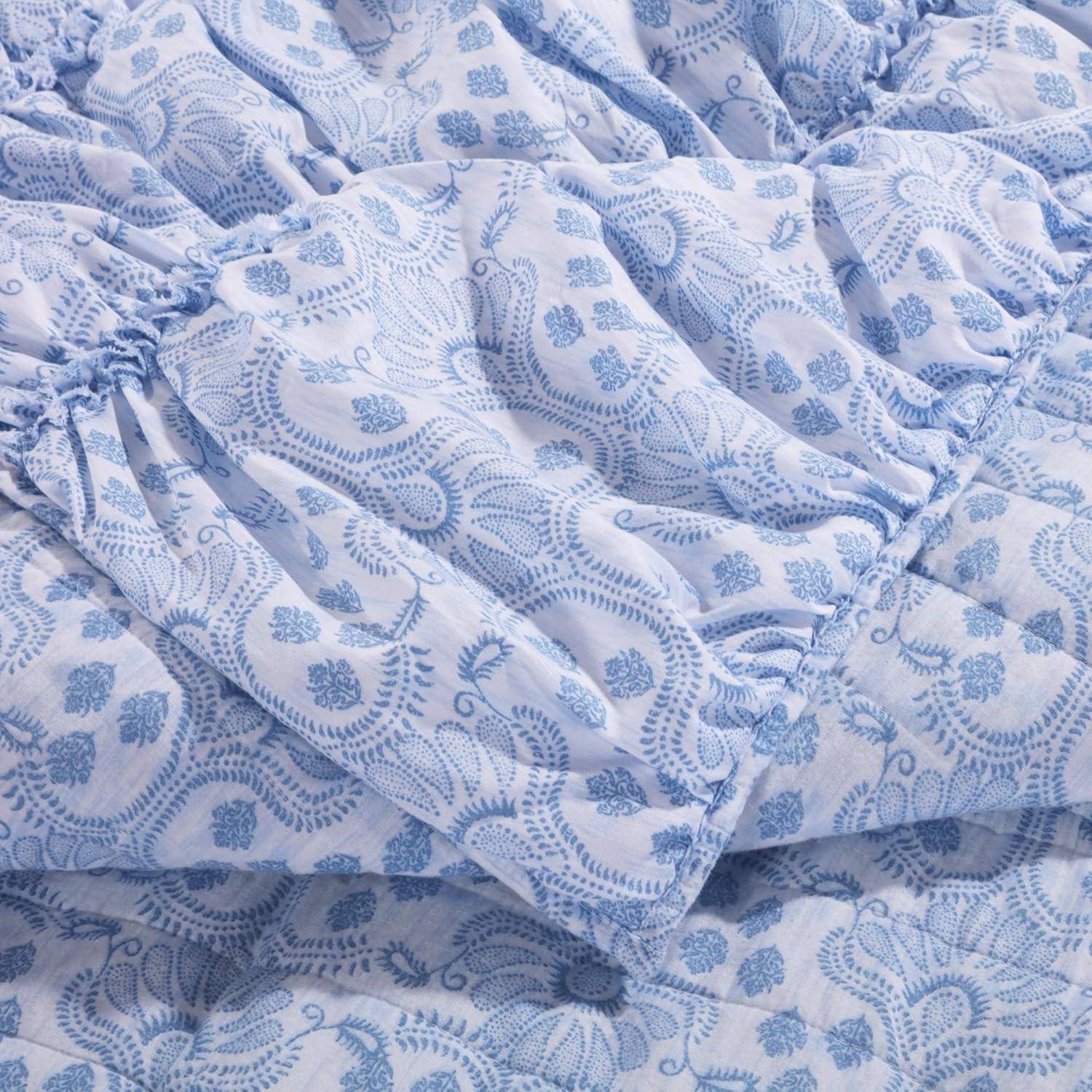 King Blue Microfiber Gathered Quilt Set