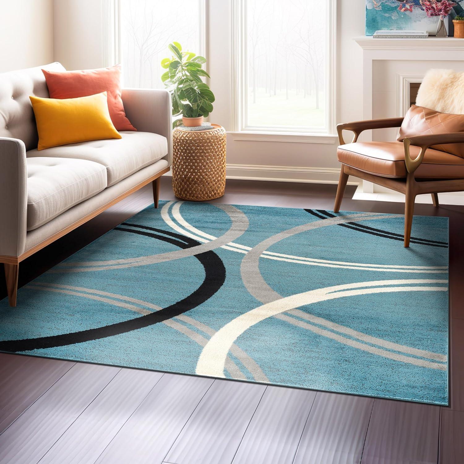 Blue Abstract Circles Design Reversible Square Area Rug