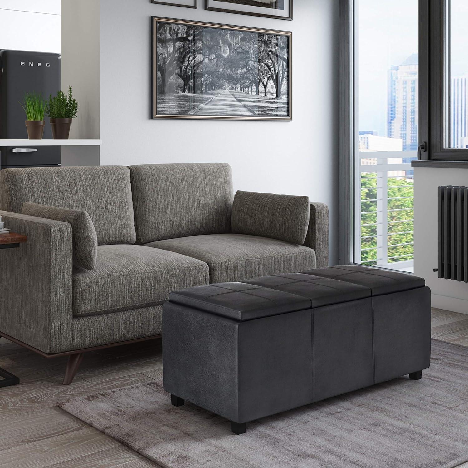 Simpli Home Avalon 42"W Upholstered Storage Ottoman with 3 Flip-Over Serving Trays