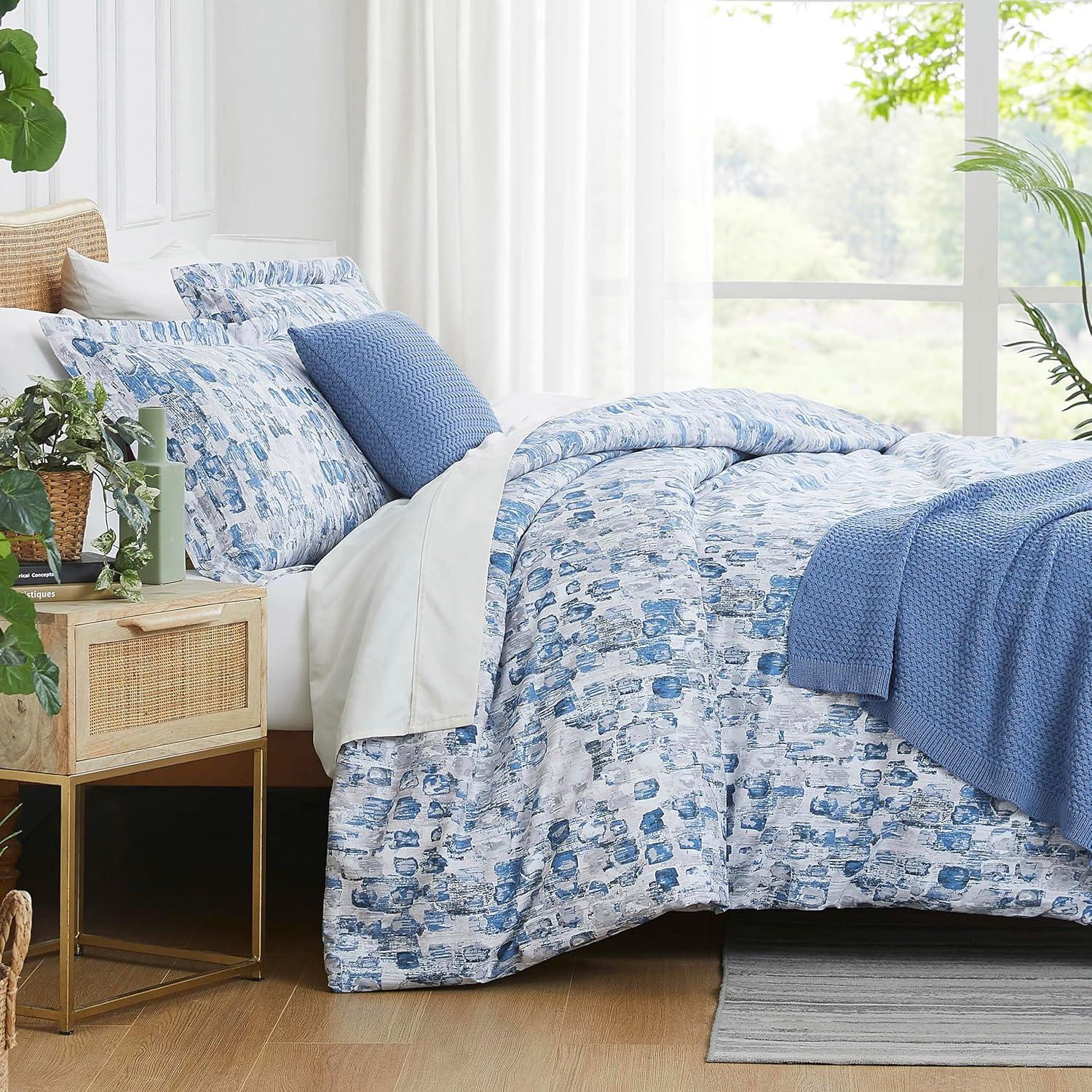 Twin XL Blue Abstract Microfiber Comforter Set with Acrylic Throw