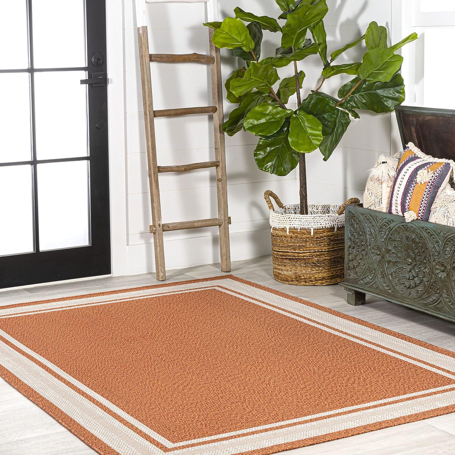 8' x 10' James Modern Border Stripe Indoor/Outdoor Area Rug, Orange/Cream - JONATHAN Y