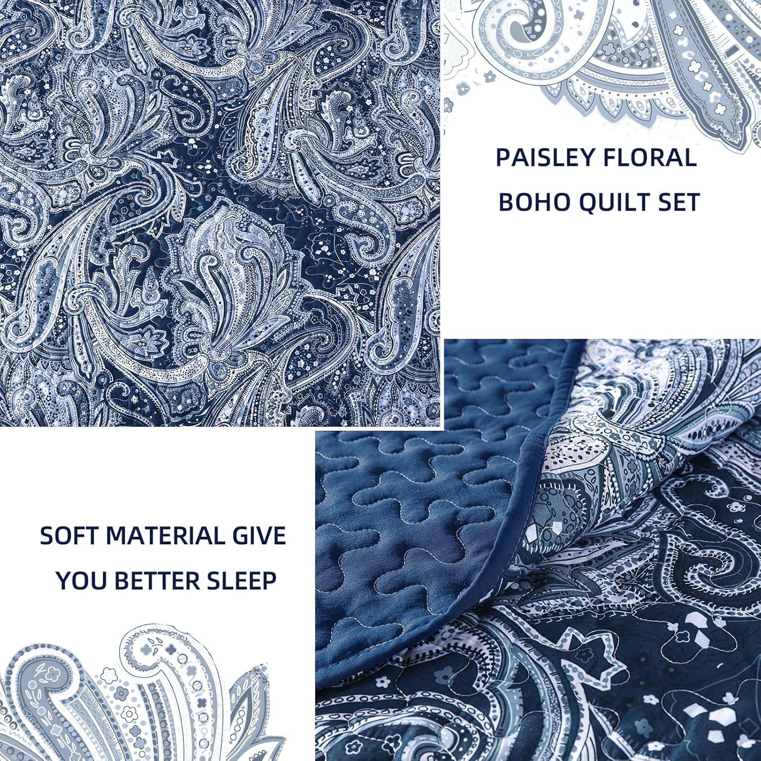 DJY Navy Paisley Quilt Set Queen Boho Bedspread Coverlet Set 3 Pieces, Soft Lightweight Microfiber Navy Blue Paisley Floral Pattern Bedding for All Season, 96"x90"