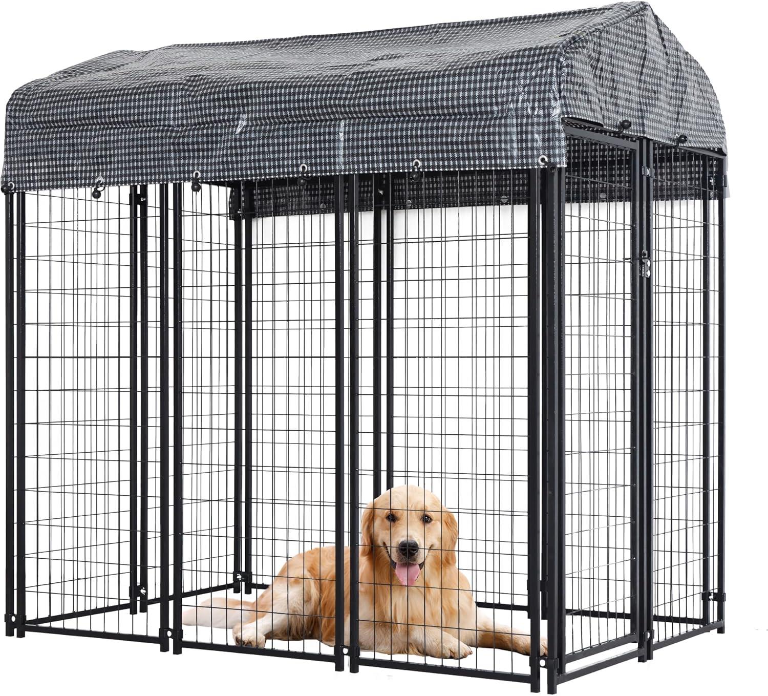 Large Black Metal Outdoor Dog Kennel with Roof Cover