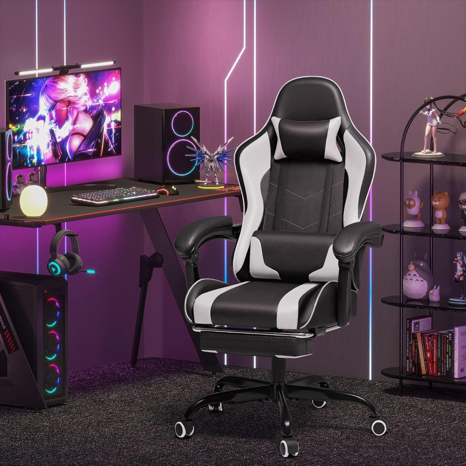 Killeryuki Gaming Chair, Video Game Chair with Footrest and Massage Lumbar Support, Ergonomic Computer Chair Height Adjustable with Swivel Seat and Headrest (White)